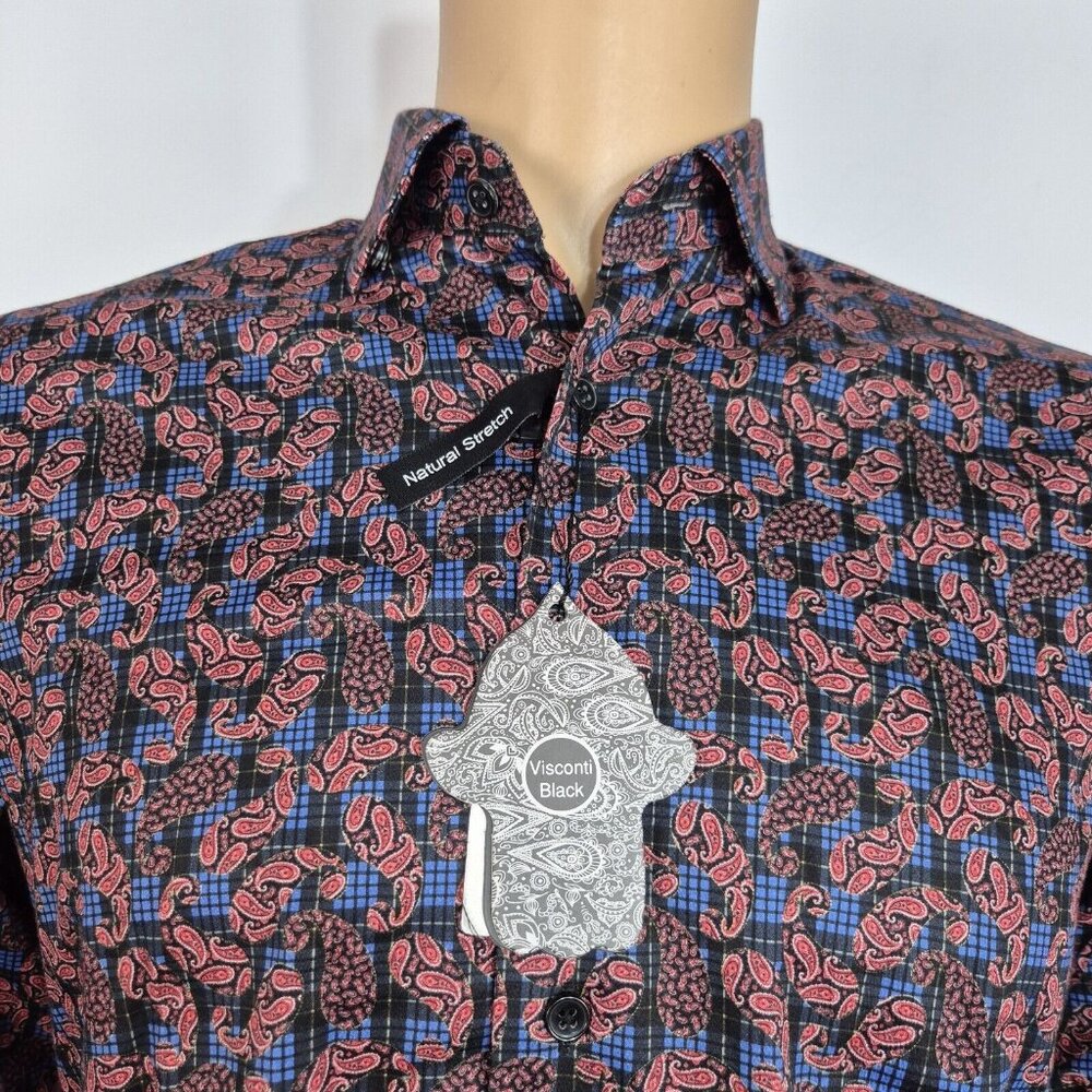 Visconti Black Button Up Long Sleeve Shirt Men's Size S Black Paisley Blue Red 8